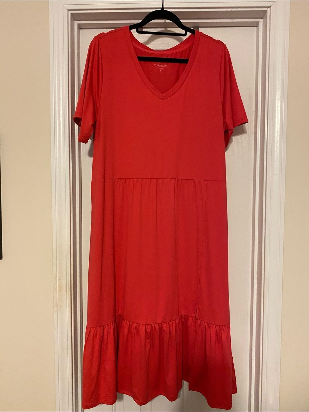 Cuddl Duds Vibrant Red‎ V-Neck Tiered Maxi Dress large